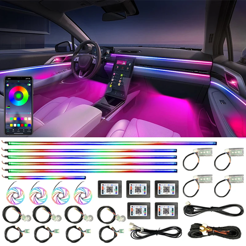 Car Ambient Neon Light Strips Atmosphere Rainbow Auto Symphony Lamps App Contro 64 RGB Universal Colorful Acrylic LED Lighting