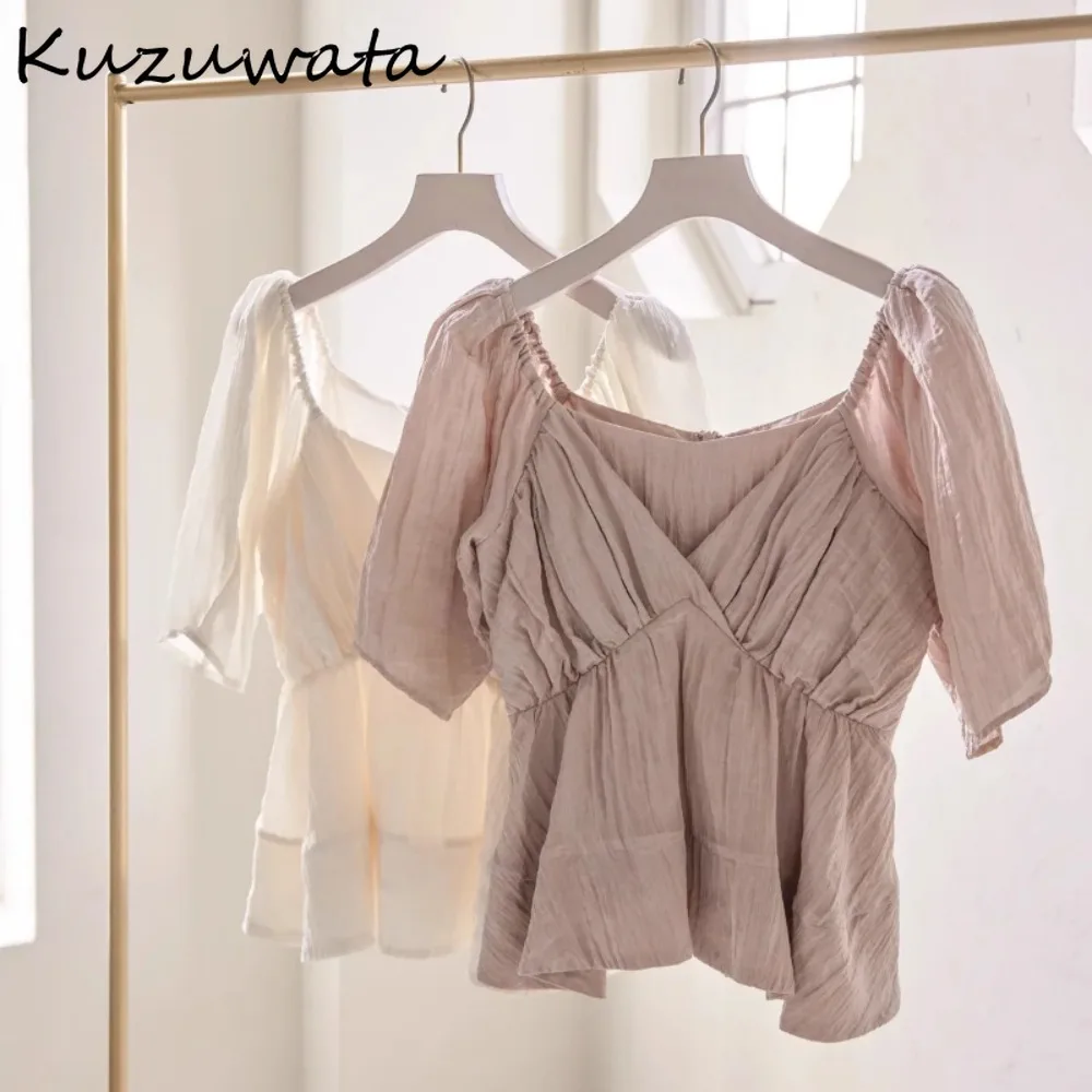 Kuzuwata New Elegant Slash Neck Half Sleeve Sweet Shirt Off Shoulder Ruched Pullover Patchwork Blouses Japan Moda All-match Tops