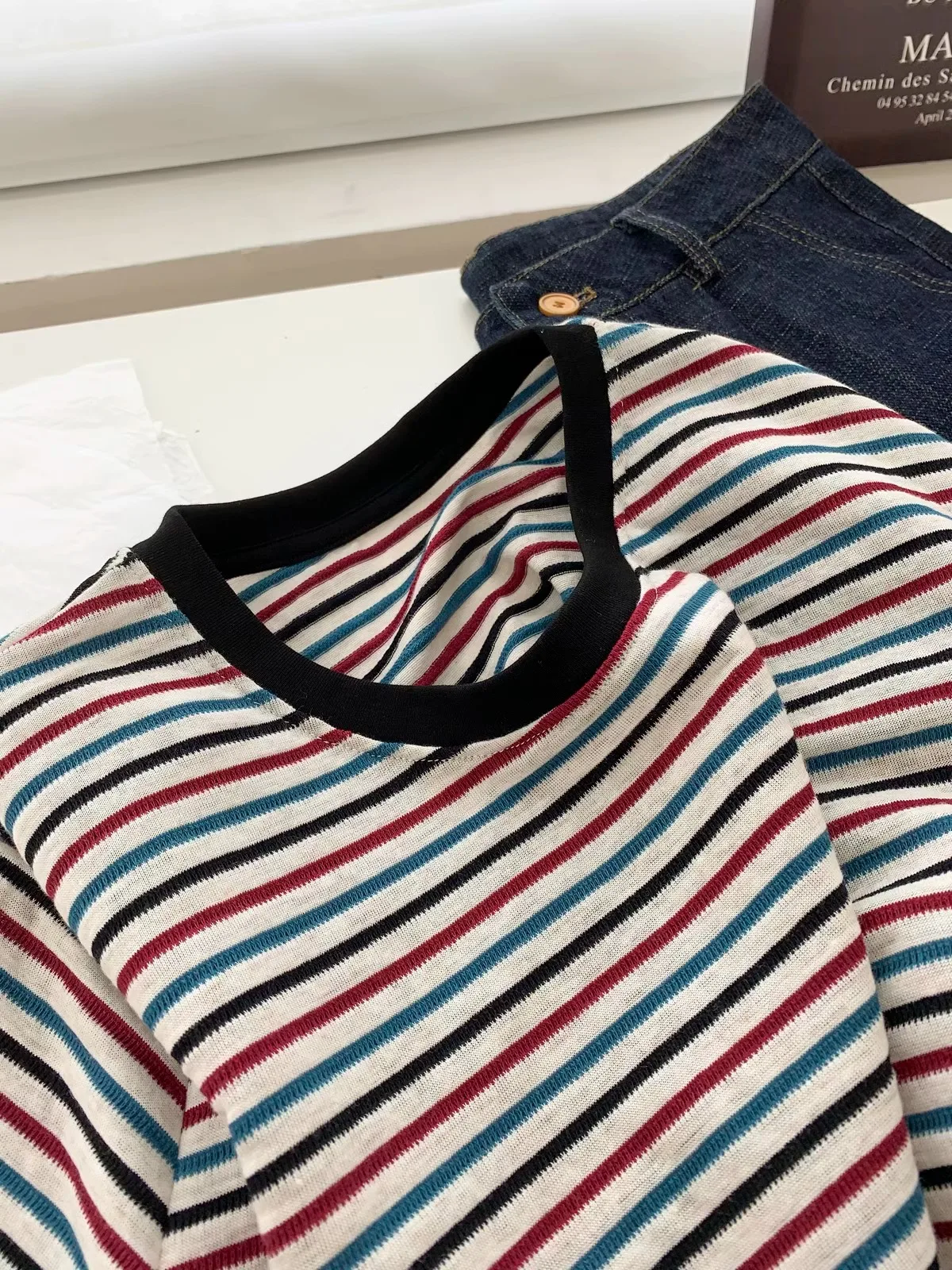 Retro Striped Short Sleeve T-shirt for Women 2025 Summer Design Sense Loose Versatile Short Top Casual Round Neck Tees