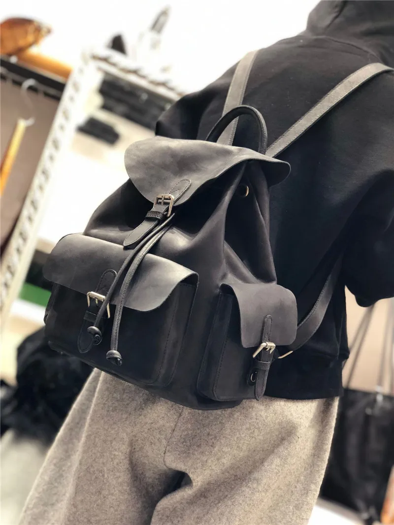100% Natural Cowhide Women Leather Backpack Retro Handwork Student Schoolbag Drawstring Hasp Travel Motorcycle Rucksack
