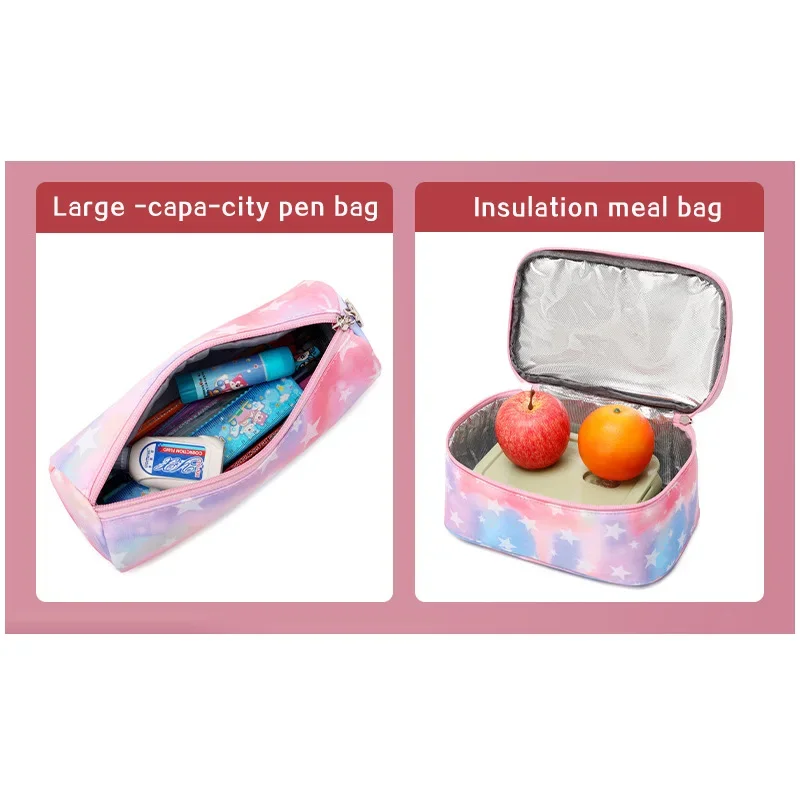 Conjunto de mochila escolar de três peças, lancheira fofa para meninas e meninos, mochila multifuncional, mochila impermeável impressa primária