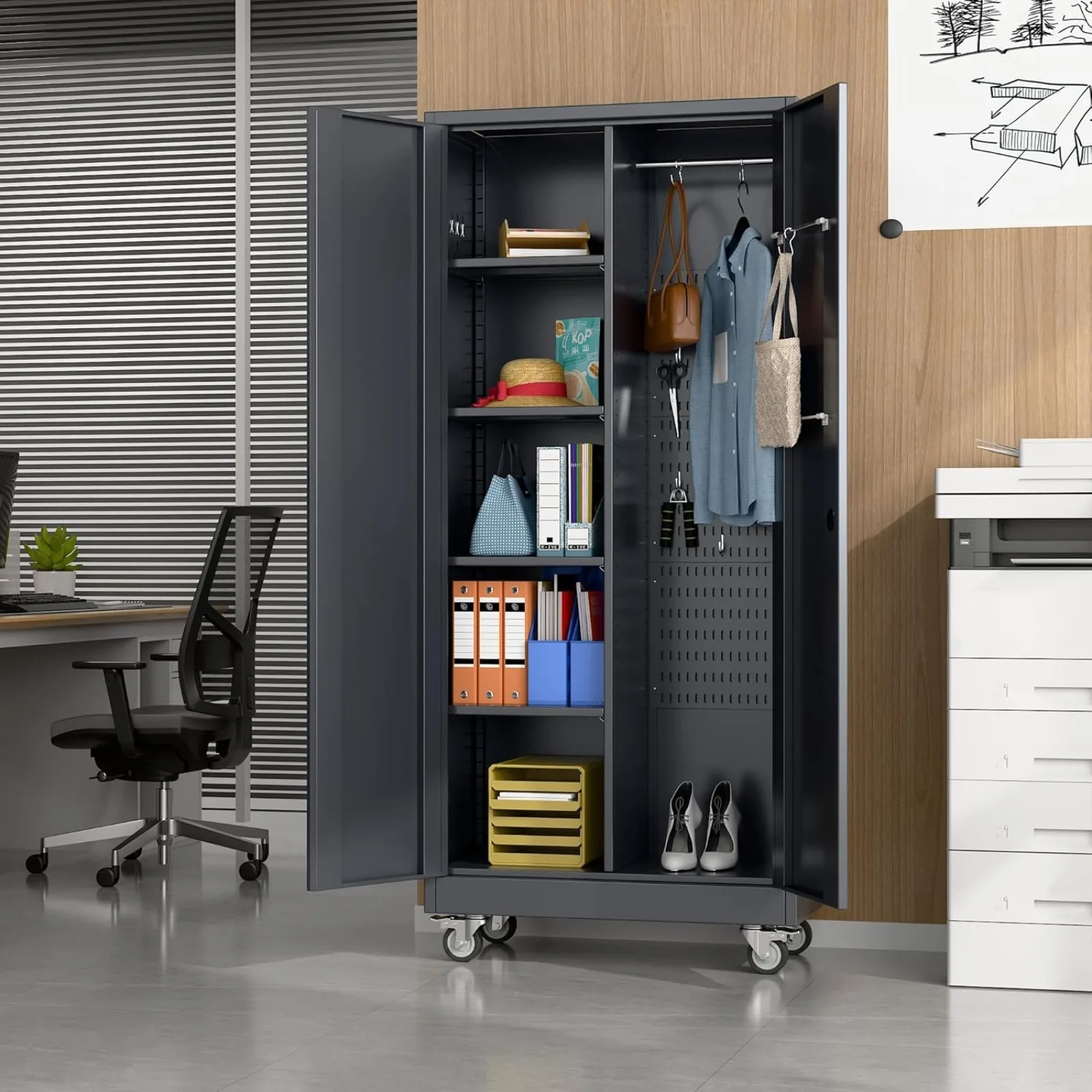 

US Metal Storage Cabinet, Garage Storage Cabinet with Lockable Doors and 4 Adjustable Shelves, Tool Cabinet with Wheels