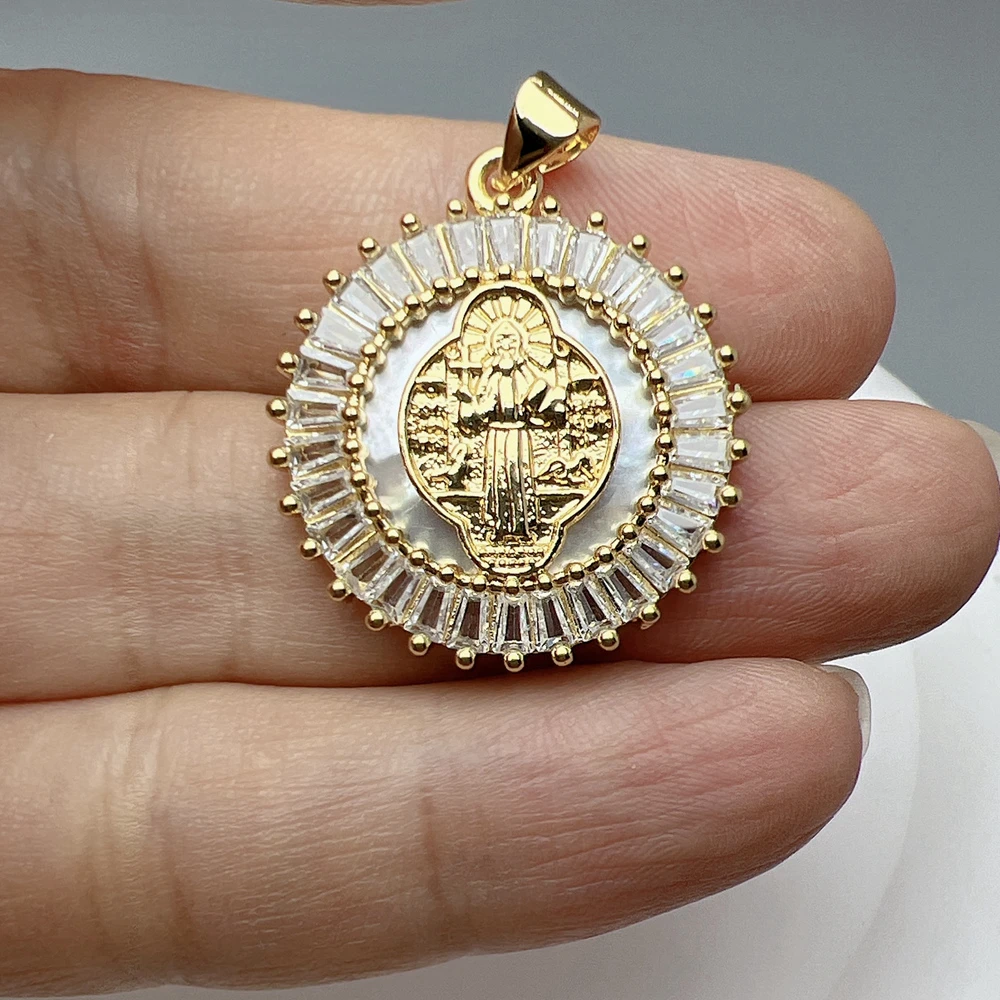 Metal Medal Zircon Sea Shell Saint Benedict Virgin Guadalupe Pendants Charms For Jewelry Making Women Classic Religious Necklace