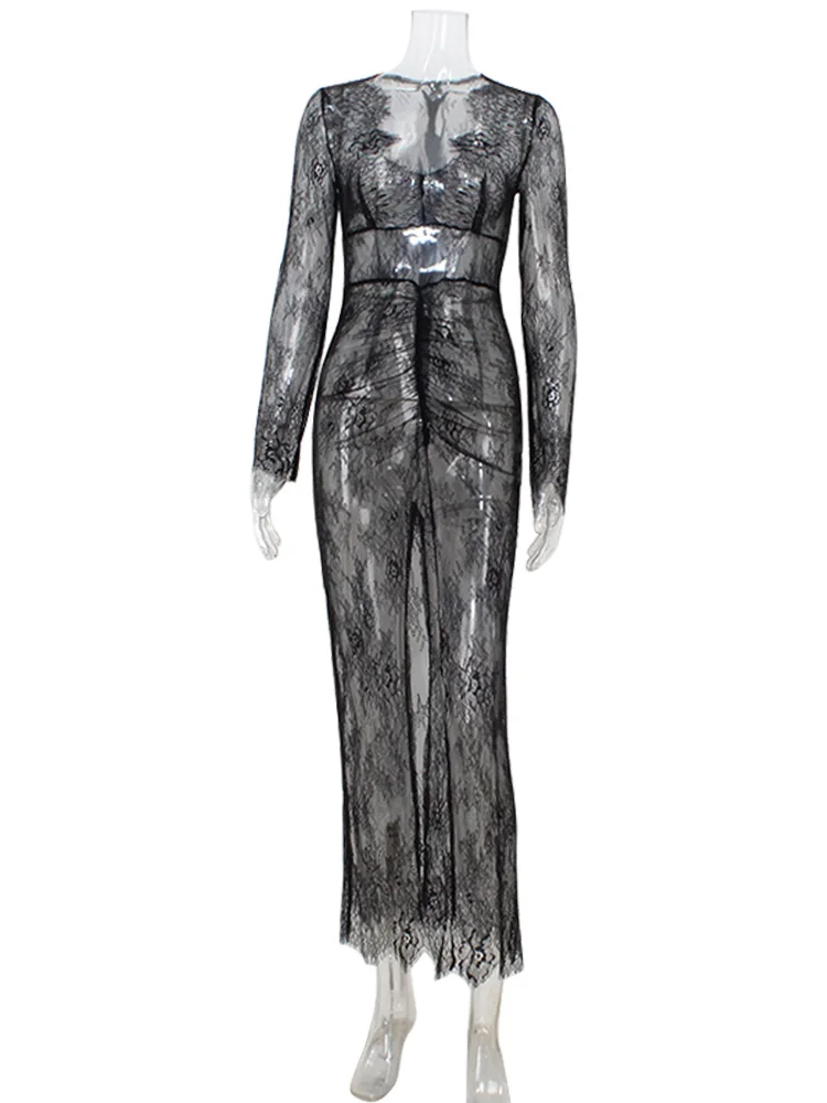 Ahagagaเซ็กซี่คลับชุดผู้หญิงลูกไม้Sheath RehularแขนยาวVคอSheer Slim Fit Maxi BodyconหญิงVestidos