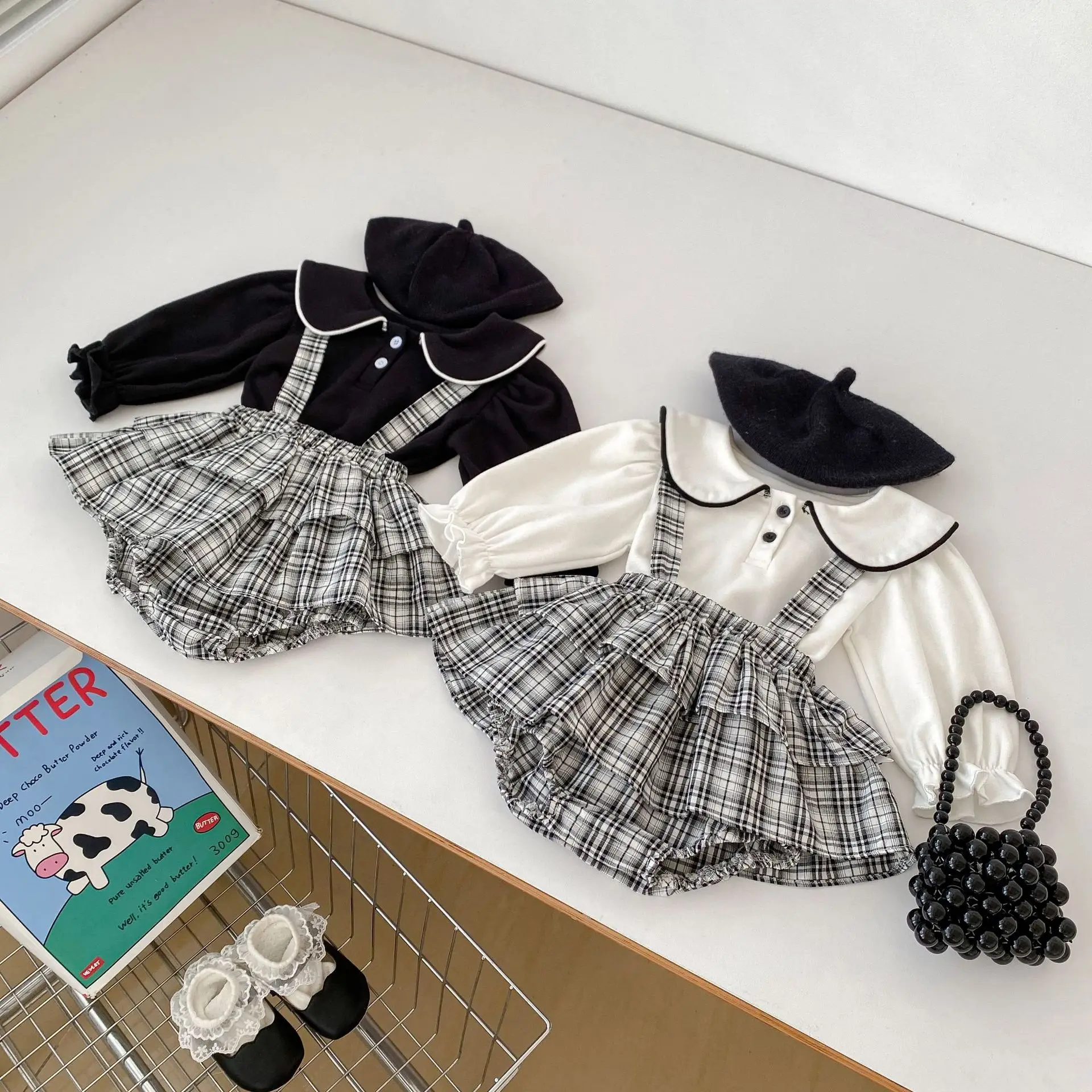 Autumn New Girls Suspender Skirt Set Korean Baby Girl Lapel Long Sleeved Plaid Suspender Rompers Two-piece Set