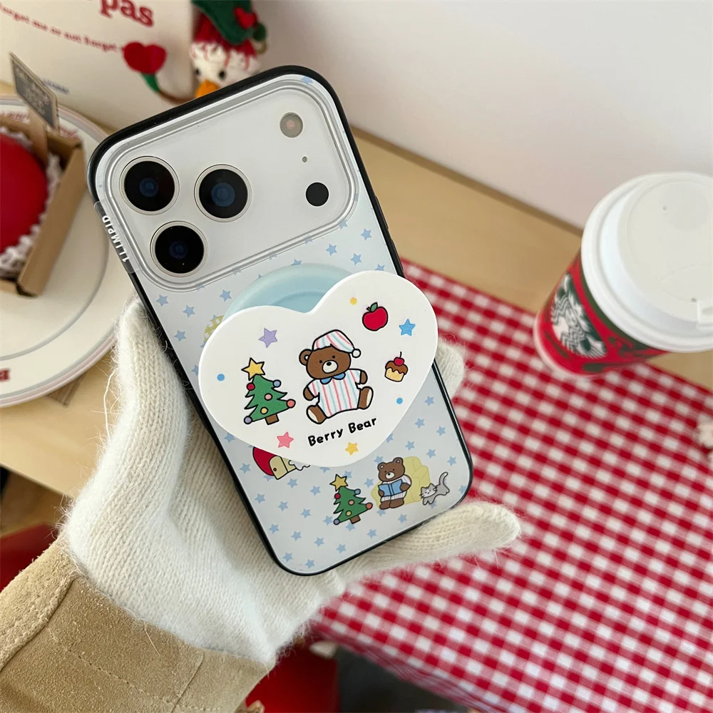 Korean Cute Cherry Bear Magnetic Phone Case for iPhone 17 Pro 14 15 16 Pro Max Cover For Magsafe Stand Cartoon Protective Cases
