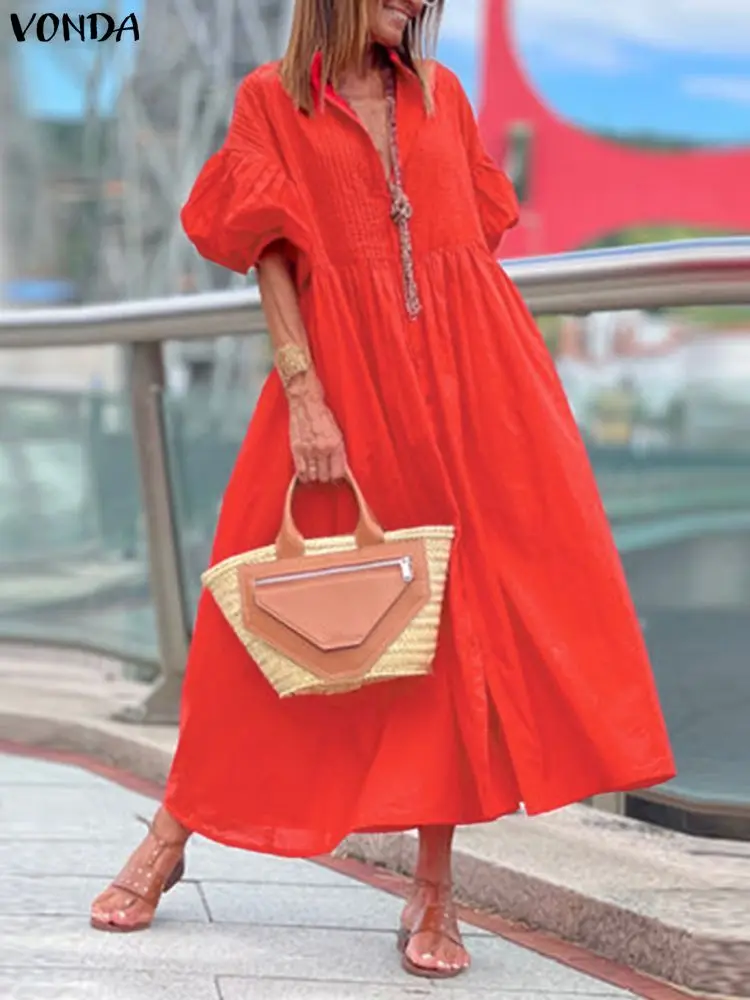 

Elegant Plus Size Dresses VONDA Party Women Autumn 3/4 Lantern Sleeve Pleated Maxi Sundress Casual Fashion Wedding Long Robe 5XL