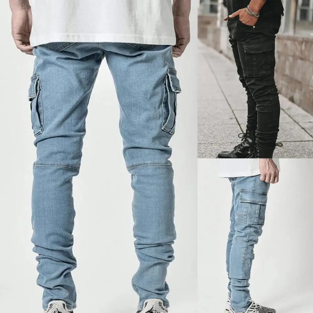 Street Elastic Jeans Men Denim Cargo Pants Wash Solid Color Multi Pockets Casual Mid Waist Trousers Slim Fit Daily Wear Joggers