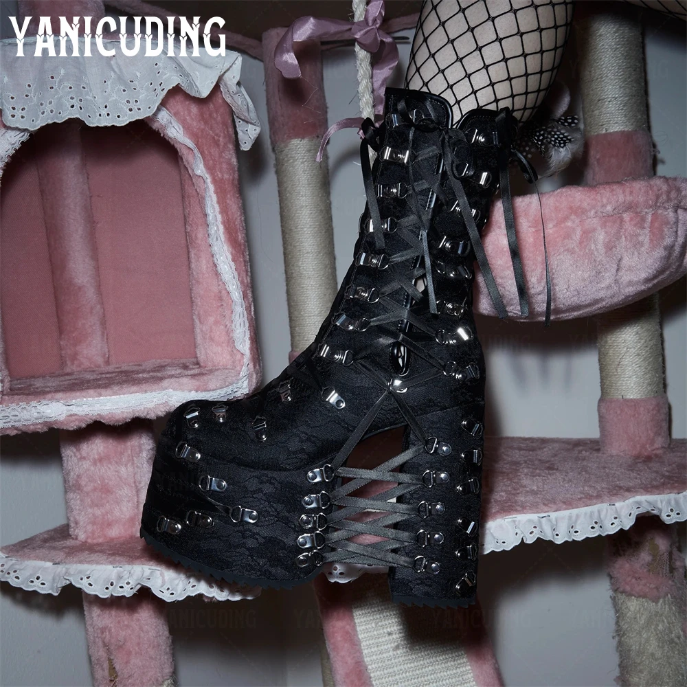 

Black Lace Platform Booties Multiple Lace Strappy Chunky High Heels Punk Fashion Style Ankle Boots for Women Handmade Booties