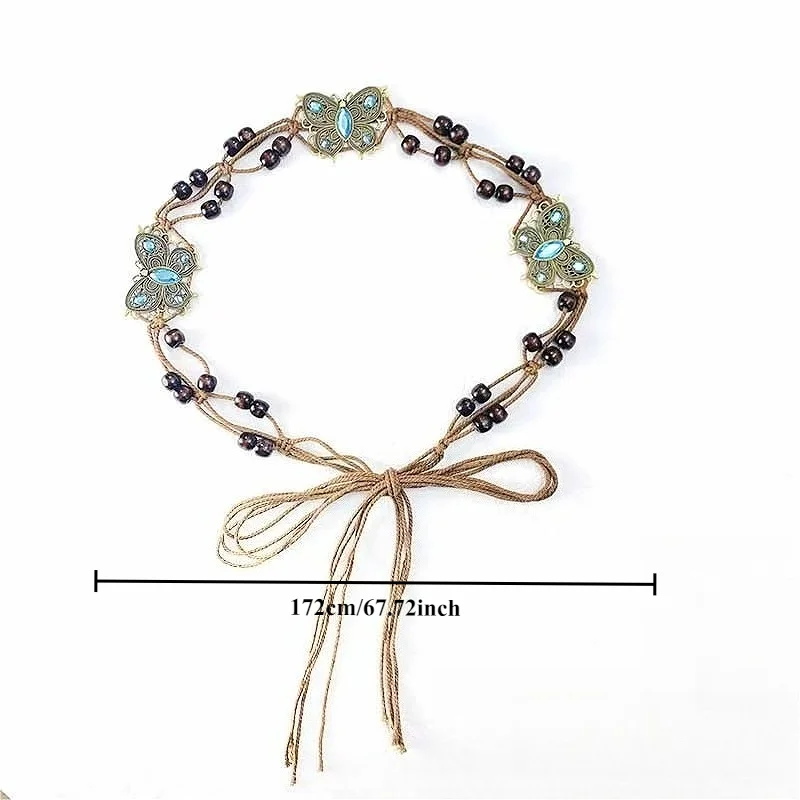 Exquisite Bohemian-Style Butterfly-Knot Woven Belt Ethnic-Style Wooden Bead Women's Casual Vacation-Style Waist Cord