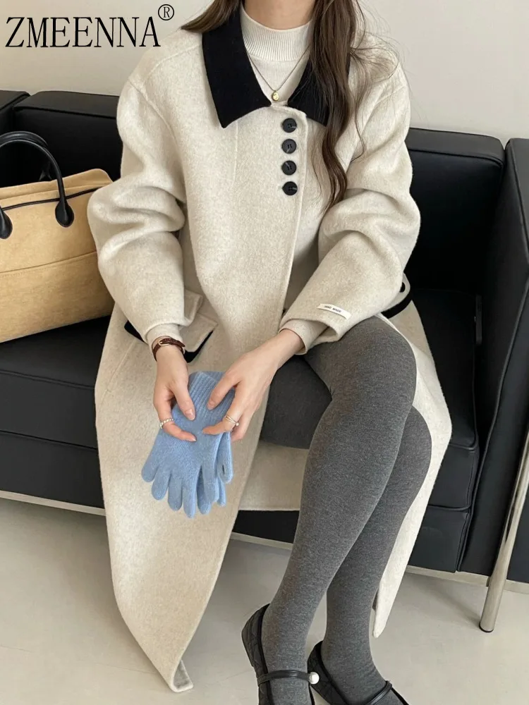 

ZMEENNA Womens Chic Wool Blend Long Coat With Contrast Black Collar Button Closure And Classic Oversized Fit ZM3666