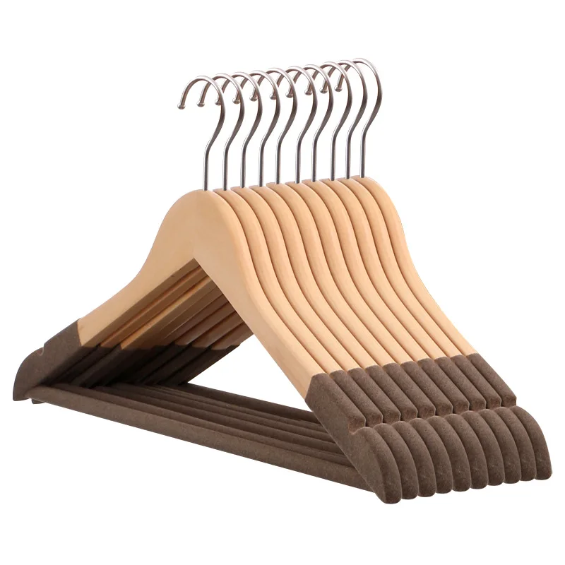 10pcs Wooden Clothes Hanger Non-slip High-end Wooden Hanger Solid Wood Flocked Clothes Hanger Clothes Storage