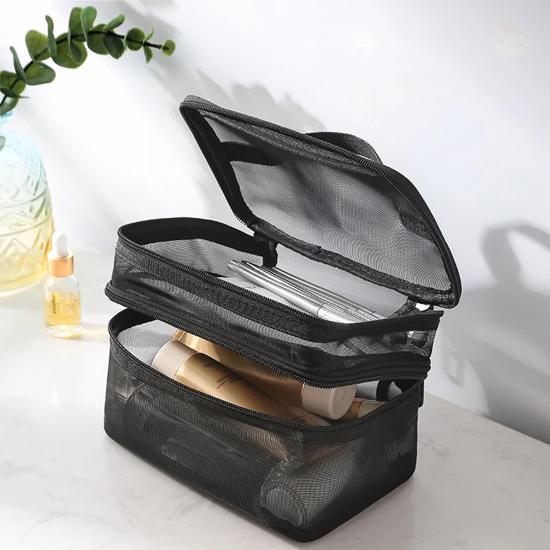 

Double-layers Black Mesh Cosmetic Bag Travel Portable Large-Capacity Makeup Case Organizer Storage Pouch Zipper Toiletry Bags