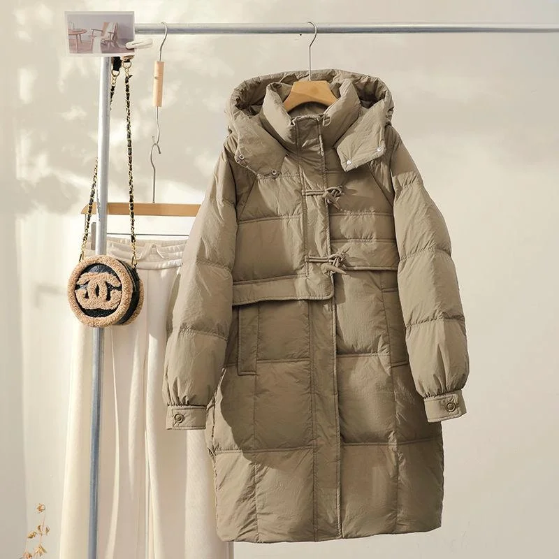 

Women's Quilted Puffer Jaet Hooded Thiened Winter Coat Faionable Korean Sle Du down Coat Long Sve Zipper Closure