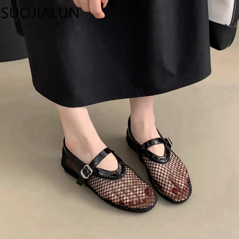 SUOJIALUN 2024 Summer New Brand Women Flat Shoes Fashion Mesh Ladies Elegant Mary Jane Shoes Soft Sole Outdoor Dress Ballerinas