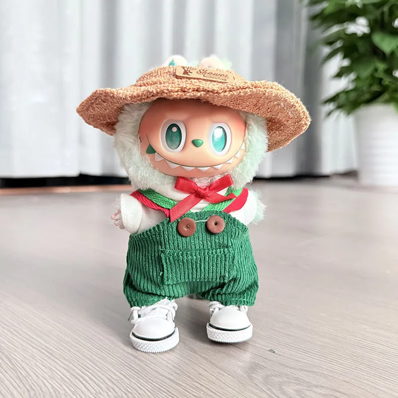 

Clothes For LABUBU 15/17cm 1st 2nd 3rd Gen Clothing Accessories Grass Green Denim Overalls With White Shirt and Straw Hat Set