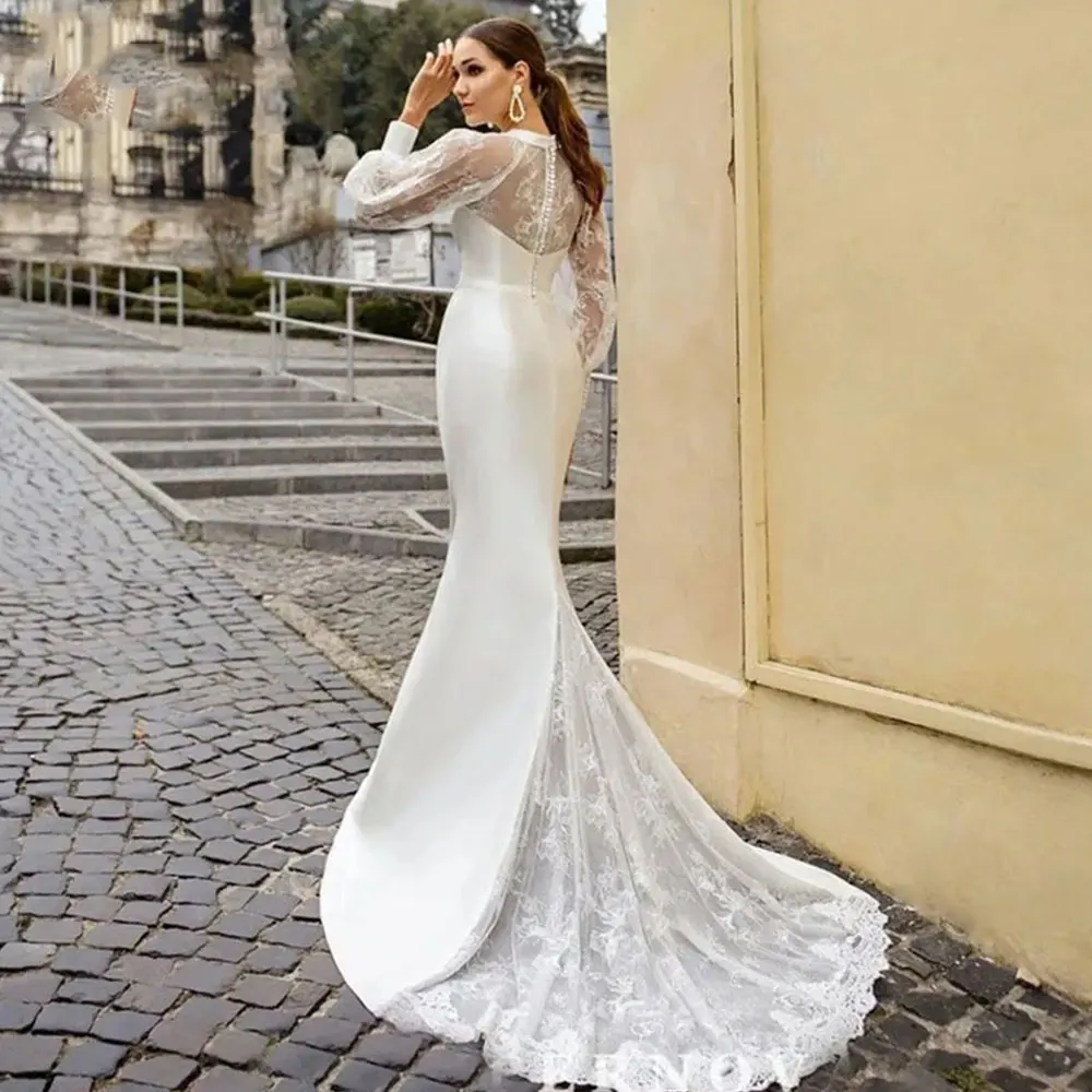 White Simple Mermaid Wedding Dresses Long Puff Sleeved 2024 Satin Bridal Gowns Sexy Lace Train Elegant O-Neck Vestidos De Novia