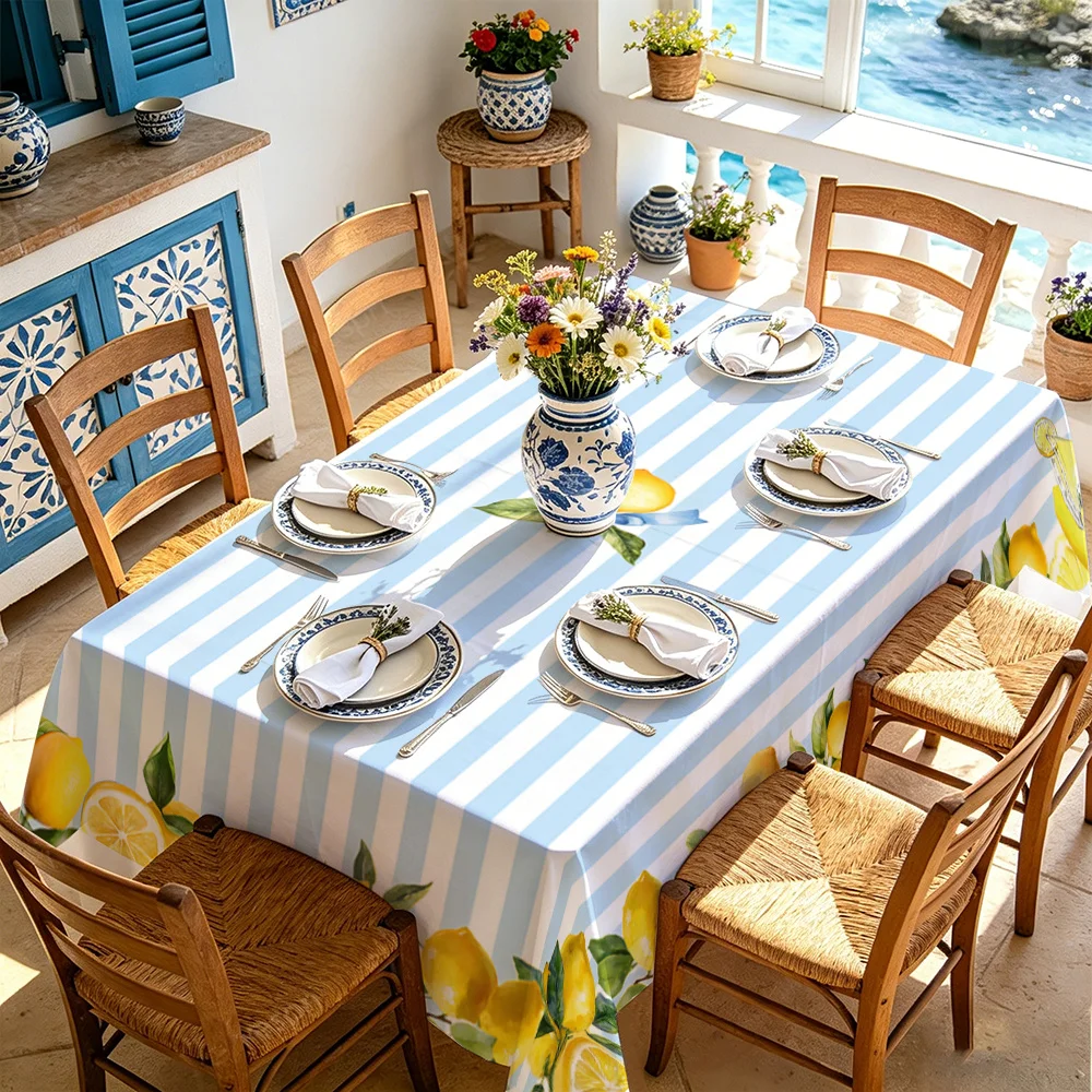 Blue White Striped Lemon Print Tablecloth for Table Decor Summer Pastoral Lemon Fruits Kitchen Dining Table Cloth Party Decor