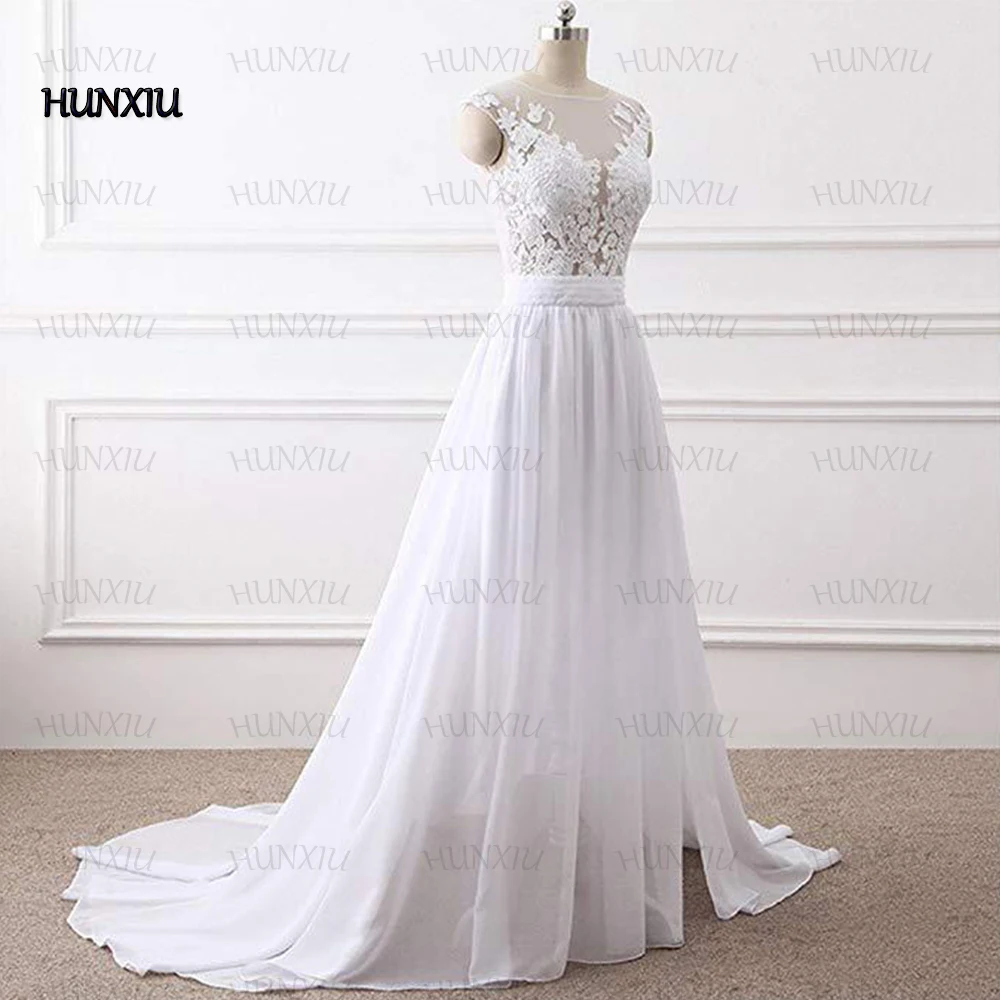 Simple Scoop Neck Cap Sleeve Wedding Dresses Chiffon A-Line Floor Length Applique Illusion Tulle Bridal Custom Mariage Gowns