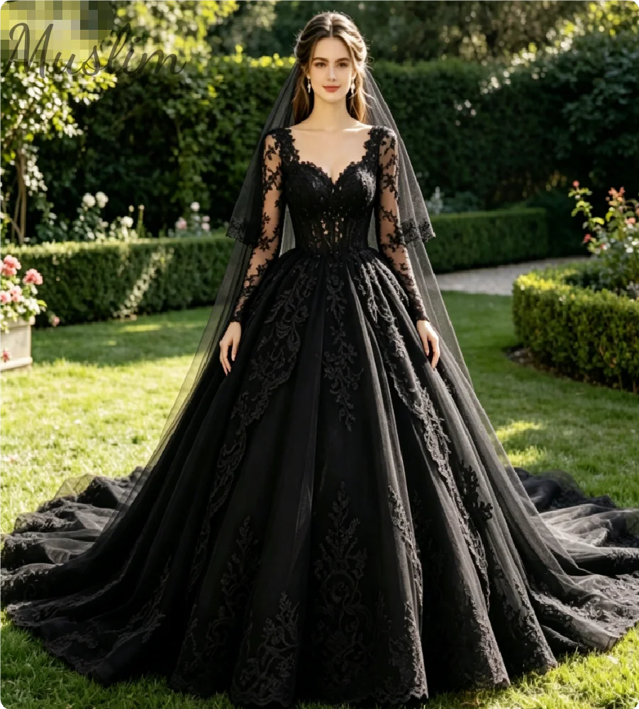 Elegantes Gotisches Schwarzes Hochzeitskleid Prinzessin Langarm A-Linie Tüll Ballkleid Spitzenapplikationen Schleppe Braut Dunkles Themen-Partykleid