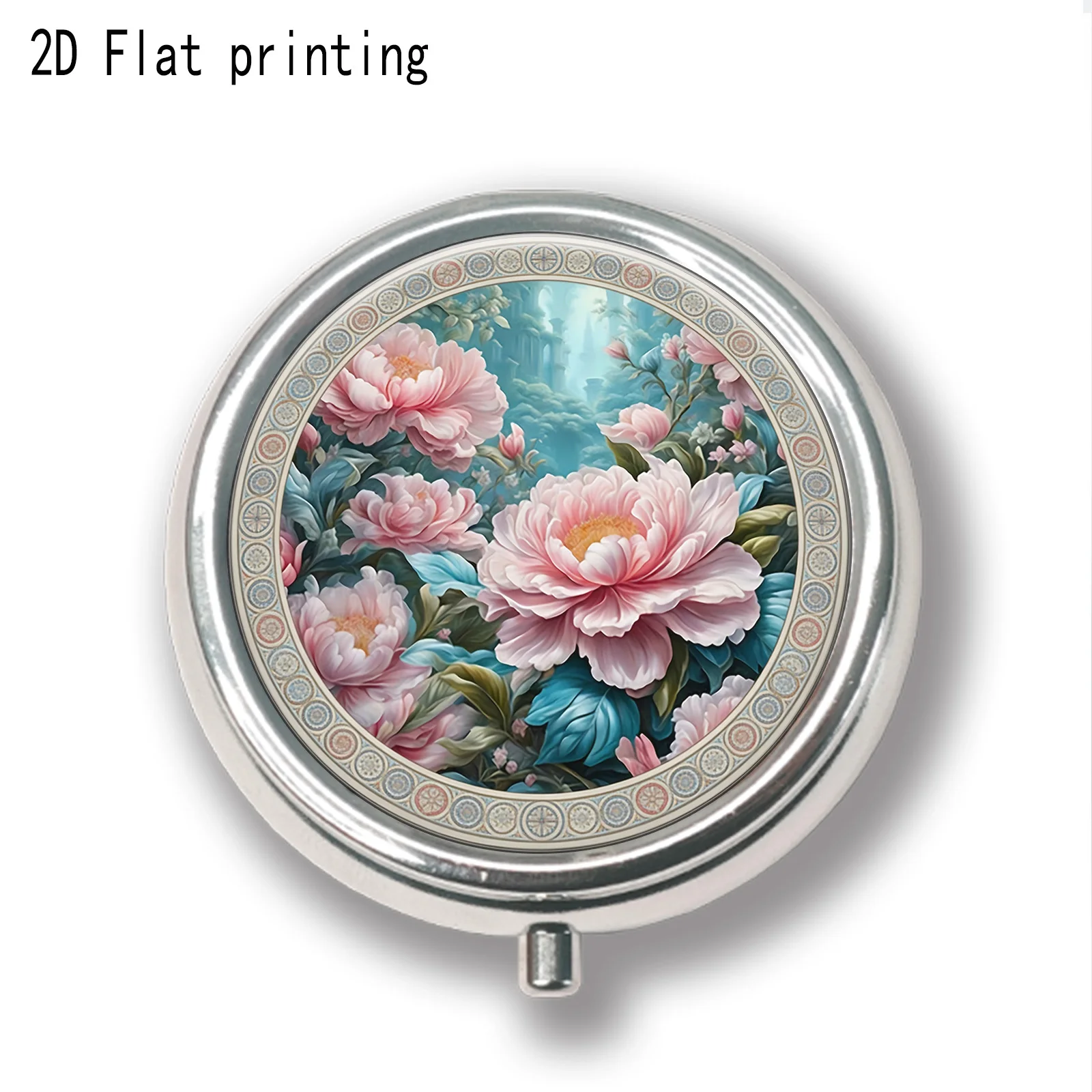 Single pack, flat, round three-compartment box, designed with a pink peony floral pattern, featuring a colored glass window, luxurious and cozy, suitable for outdoor travel and office medication reminders