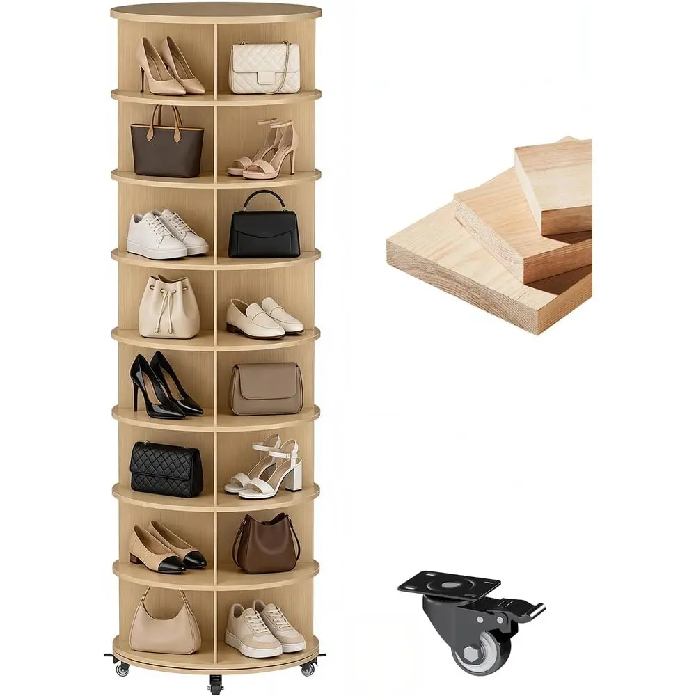 8-Tier Rotating Shoe Rack Organizer with 4 Casters, Natural, 23.6x23.6x74
