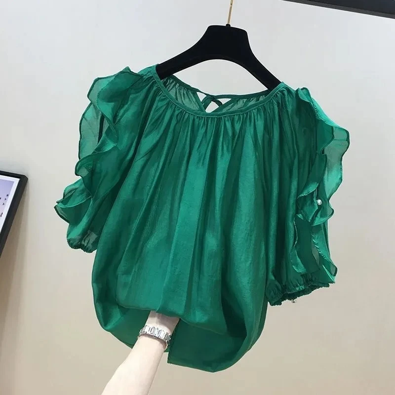 Casual Solid Color Ruffles Spliced Cut Out Blouse Stylish Off Shoulder Women's Clothing Round Neck Summer All-match Loose Shirt