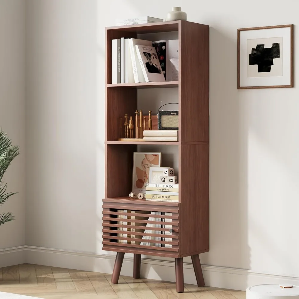 

Small Narrow Corner Bookcase, 55 H Mid-Century Modern Bookshelf with Slatted Door, 4 Cube Bookcase with Open Shelf, Display Stor