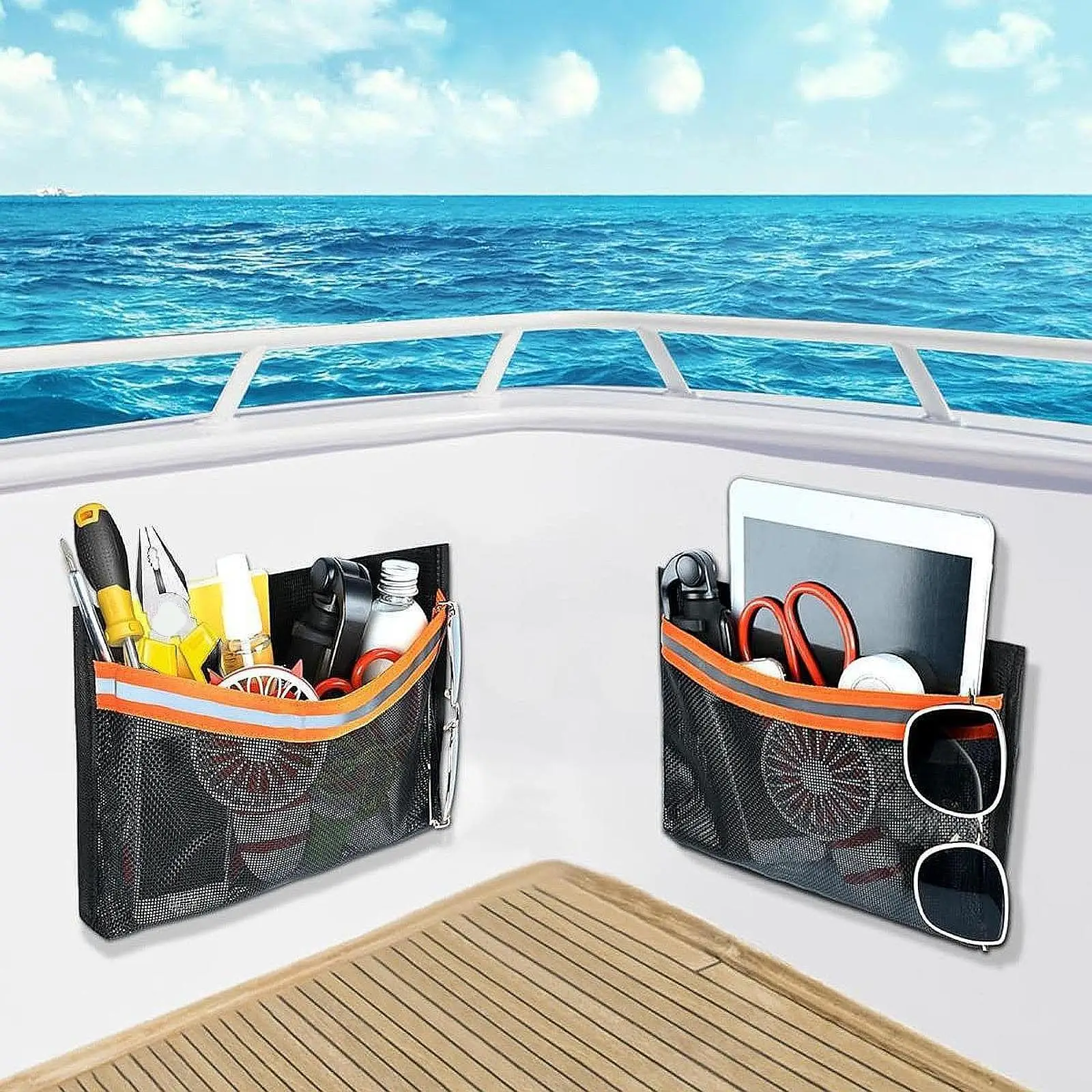 Boat Storage Mesh Bag Marine Storage Bag PVC Self Sticky Organizer with Reflective Strip for Tools Gloves Easy to Install