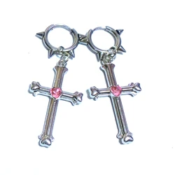 Y2K Pink Heart Crystal Cross Earrings Studs Punk Cool Charm Drop Earrings Women Harajuku Jewelry Korean Fashion Accessories