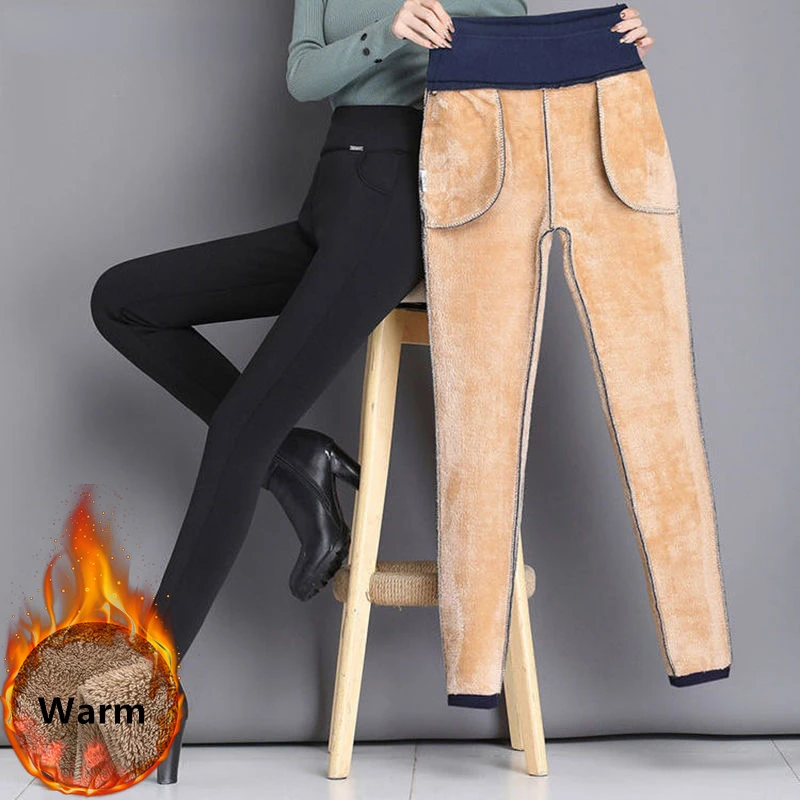 

Warm Winter Pencil Pants Women Big Size 6xl Thicken Fleece Lined Slim Pantalones High Waist Office Lambwool Fluff Leggings N271