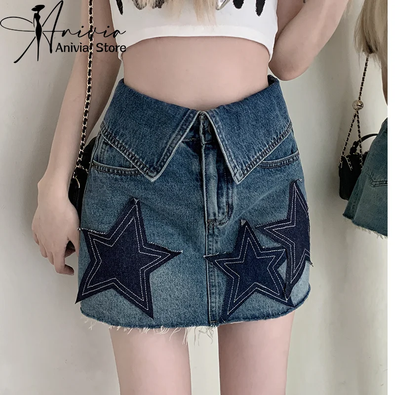 

Fashion American Vintage Women's Skirt New High Waist Asymmetric Lapel Star Y2K Streetwear Above Knee Denim Skirts Tide Summer