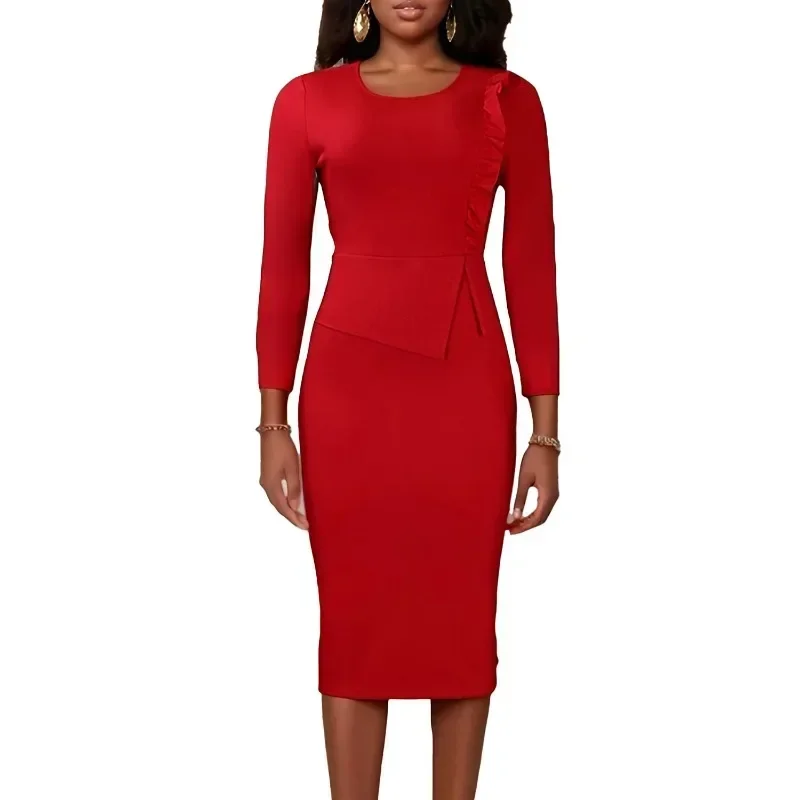 Frühling 2024, elegante afrikanische Langarm-O-Ausschnitt, Polyester, figurbetontes Kleid, afrikanische Kleider für Frauen, S-3XL, Dashiki, Afrika-Kleidung