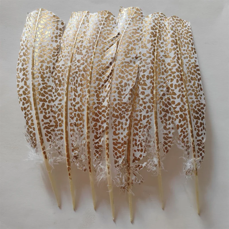 10Pcs/lot!25-30cm Gold Plating Turkey Round Quill feathers,Leopard Turkey Quills for Crafts Plume Headdress Accessories Holiday