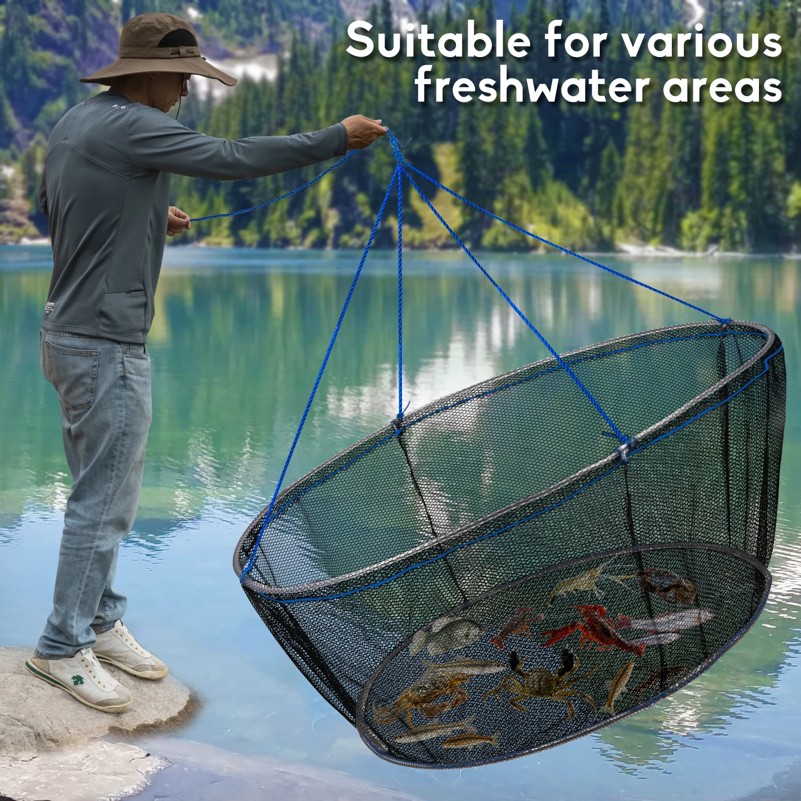 

100cm Foldable Fishing Net Drop Fishing Net Shrimp Catcher Tank Casting Network Fish Cage for Crab, Shrimp, and Crayfish