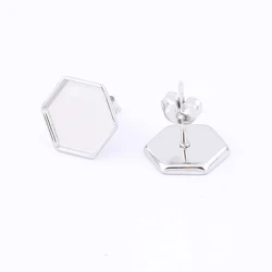 10pcs stainless steel 6mm hexagon cabochon earring base blanks studs diy ear post bezel findings for jewelry making