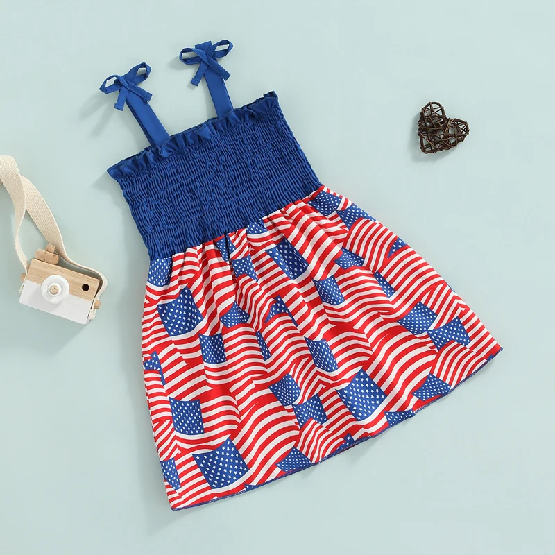 Girl s Sleeveless Patriotic Star Stripe Printed Flag Pattern Sling Dress for Independence Day Celebration Toddler Kid Girl