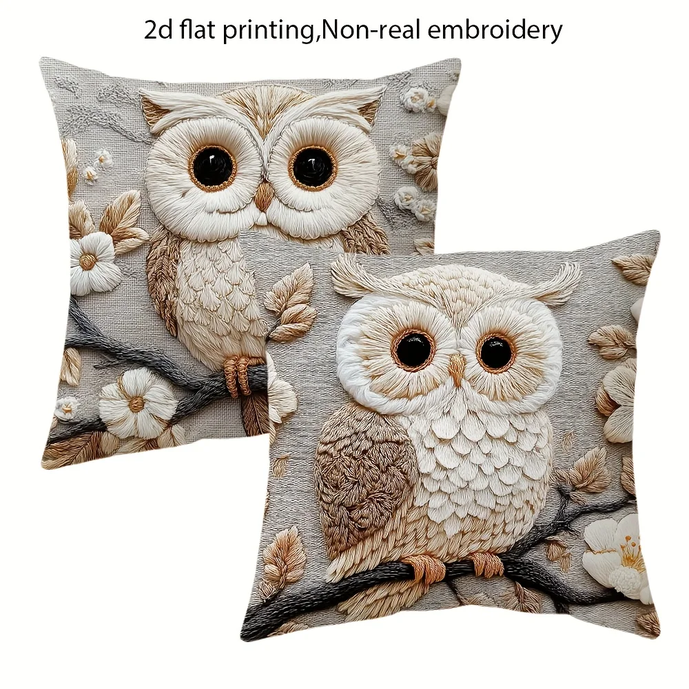 2pcs Rustic Owl Lumbar Throw Pillow Covers Neutral Tone Floral Branch Decorative Pillowcases for Sofa Bedroom Living Room