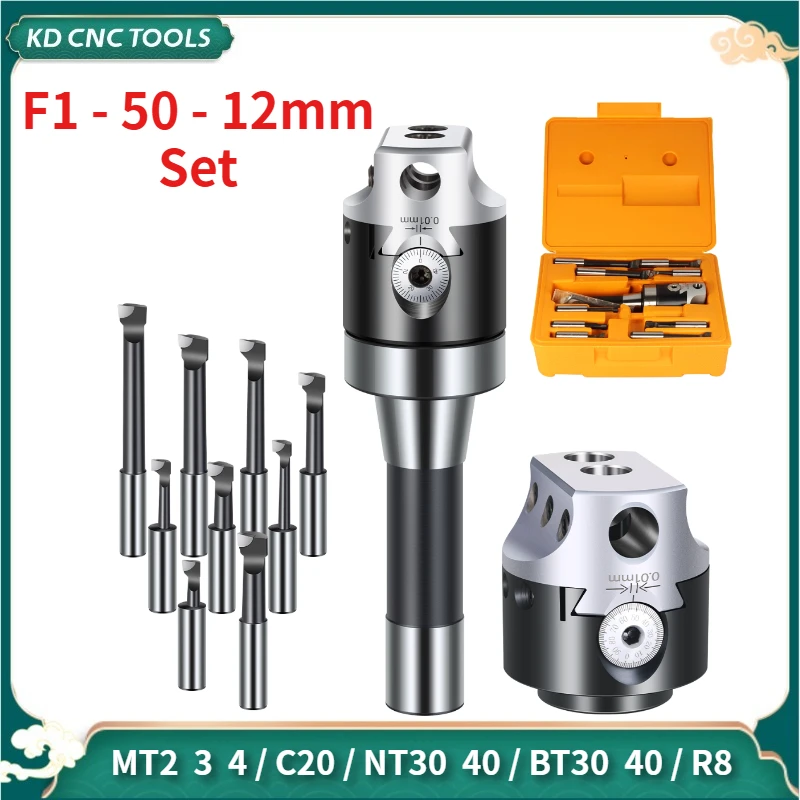 

1set MT2 MT3 MT4 C20 C25 BT30 BT40 NT30 NT40 R8 M10 M12 M16 + F1 2 inch 50 Boring head 12mm Boring Bar For Milling Machine Tool