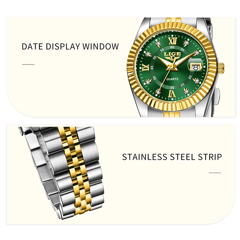 LIGE 2025 ساعات نسائية أنيقة على الموضة مقاومة للماء بتقويم للسيدات ساعة فاخرة بحزام من الفولاذ المقاوم للصدأ للنساء relogio