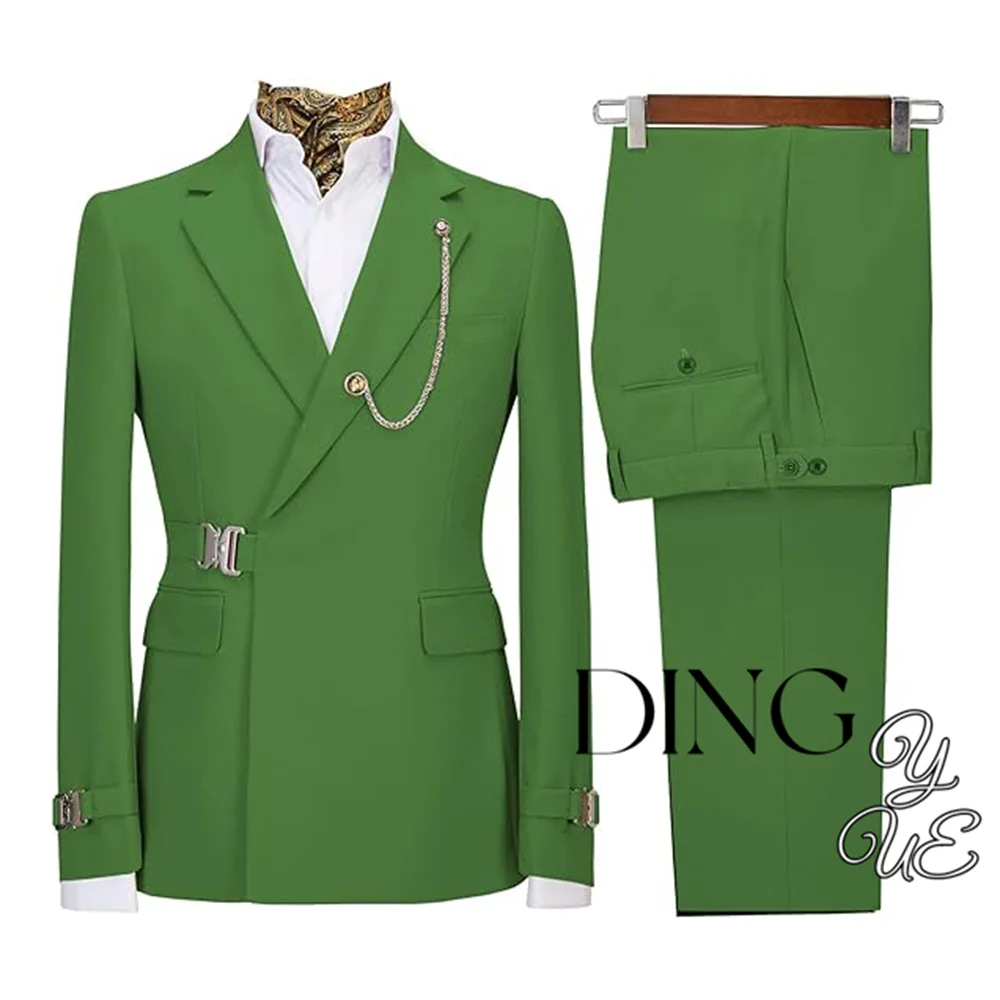 Men Metal Side Release Buckle Blazer Suits Pink Blazer Tuxedo Pants 2 Pcs Sets for Wedding Party