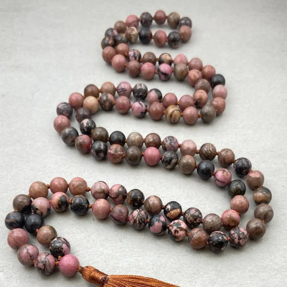 Natural Rhodonite Multi-Gemstone 108 Mala Beads Necklace with Rust Tassel Love & Emotional Healing Crystal Jewelry