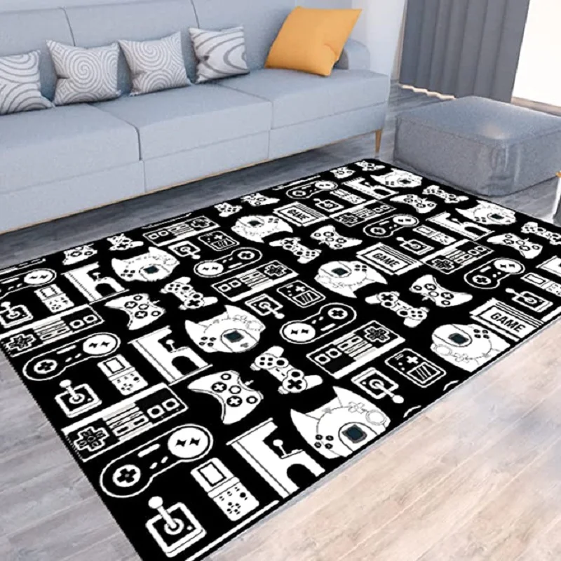 Game Video Gaming Pattern Black Area Rugs Gamer Game Controller Kids Teens Boys Playroom Carpet Bedroom Living Room Floor Mat