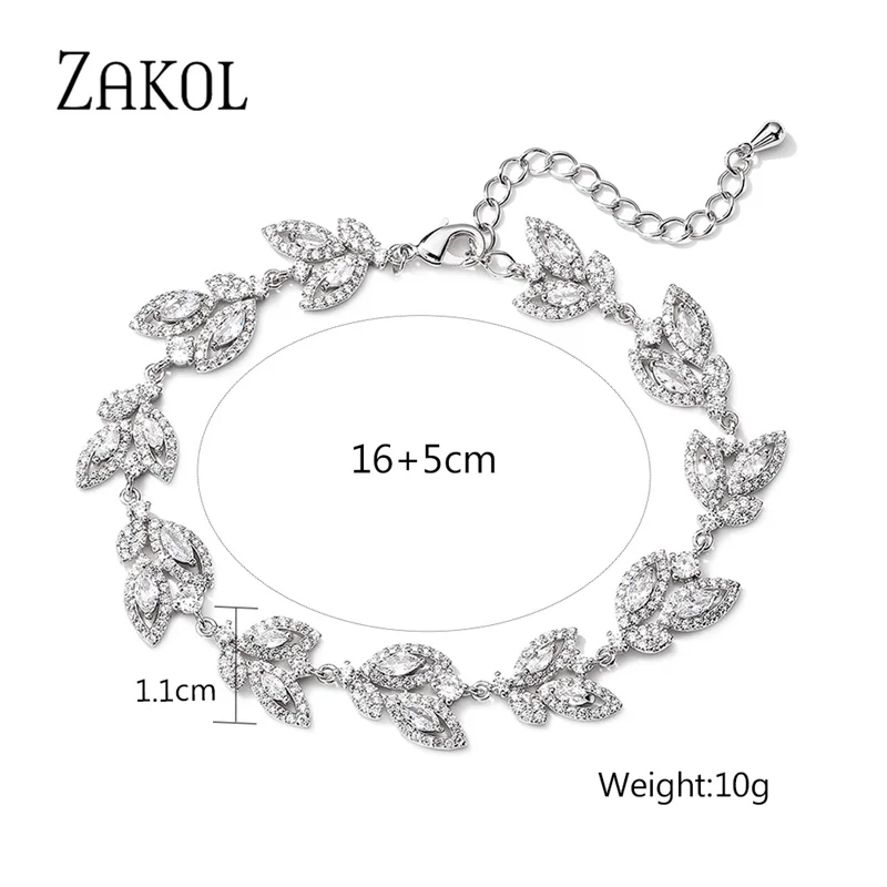 ZAKOL Exquisite AAA Cubic Zirconia Charm Chain Link Bracelets & Bangles for Elegant Women Luxury Leaf Bridal Wedding Jewelry