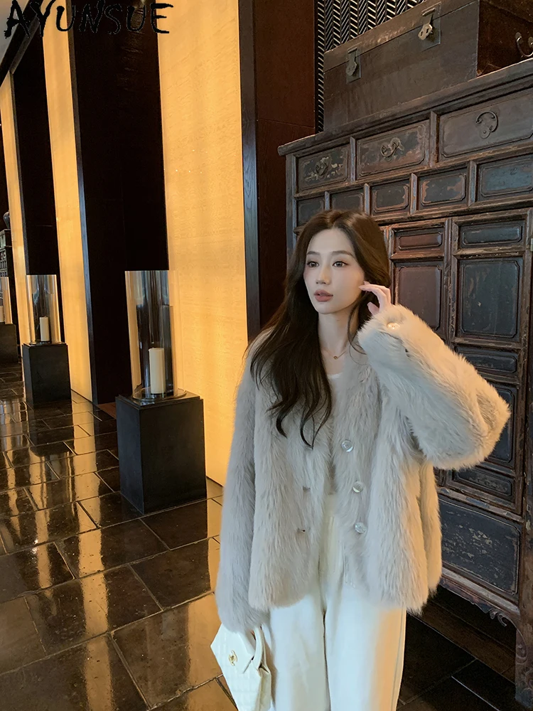 AYUNSUE 2025 جديد شيرلينغ سترة امرأة منتصف طول سترات من الصوف الطبيعي للنساء الملابس الخامس الرقبة الفاخرة الفراء سترة Abrigo Mujer