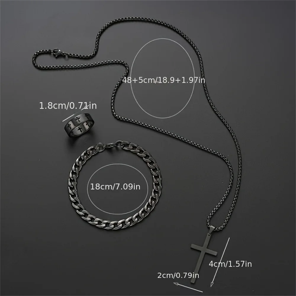 Ensemble de 3 pièces en acier inoxydable pour hommes, pendentif croix en métal, chaîne, collier, Bracelet, bague, ensemble de bijoux, Hip Hop, accessoires pour usage quotidien