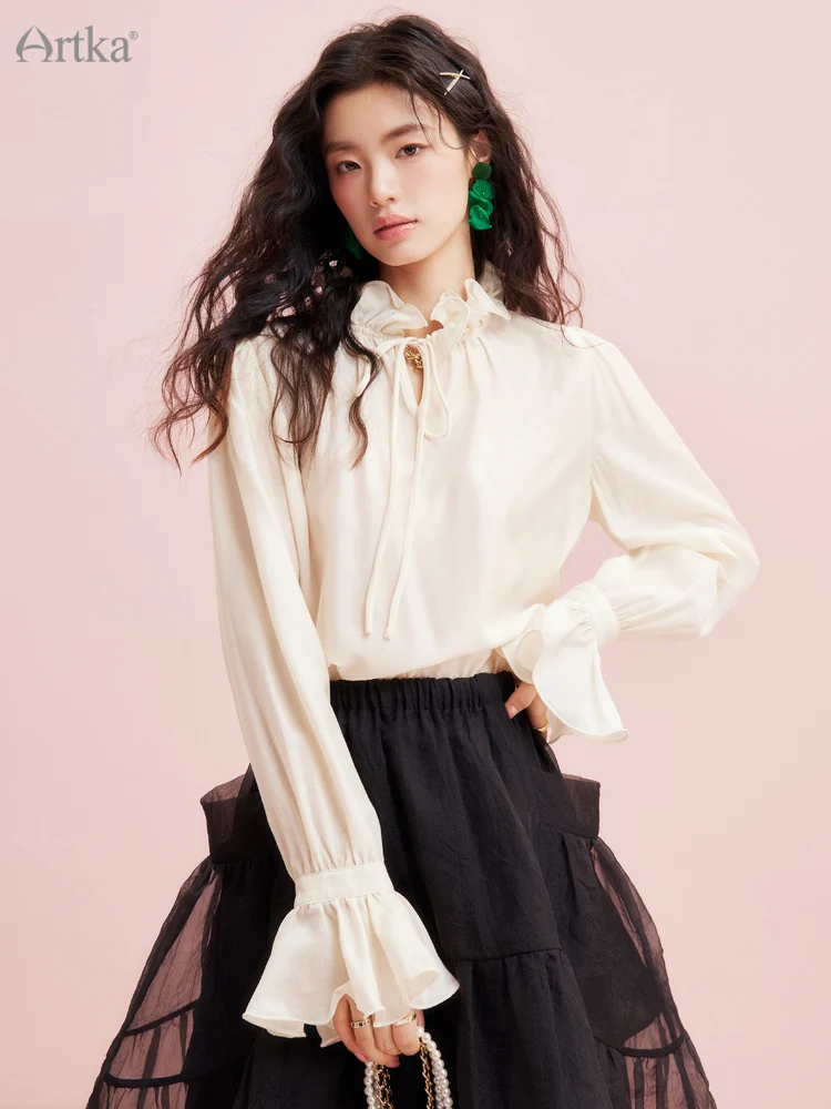 ARTKA 2023 Spring New Women Blouse French Elegant Palace Style Ruffle Stand Collar Lace-up Shirts Flare Sleeve Shirt SA92038C