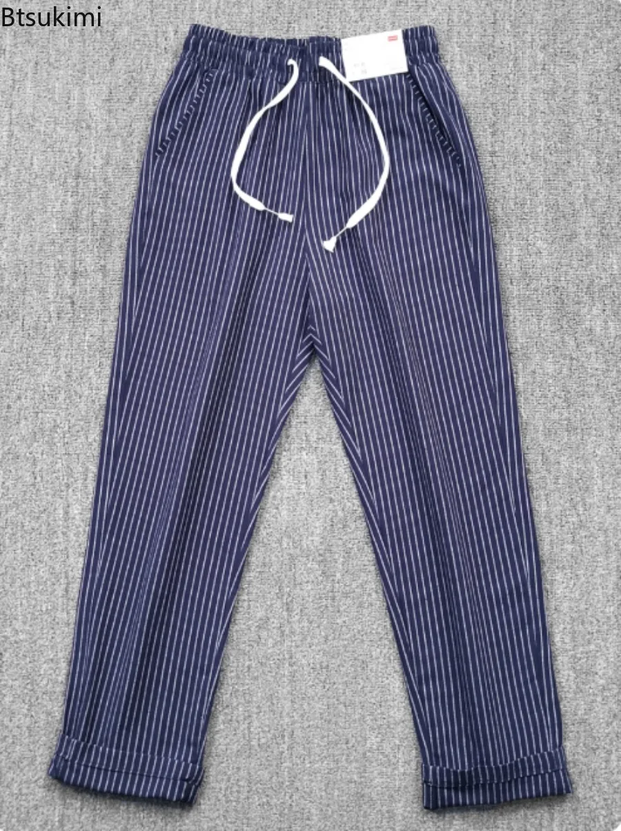 Japanese Style Striped Trousers Washed Seersucker Texture Men's Loose Thin Breathable Trendy Casual Pants Elastic Long Trousers