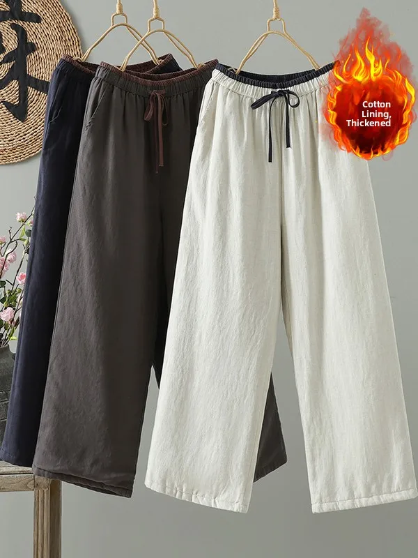 

Утепленные хлопковые льняные брюки с широкими штанинами для женщин больших размеров, зимние теплые повседневные брюки прямого кроя с эффектом похудения