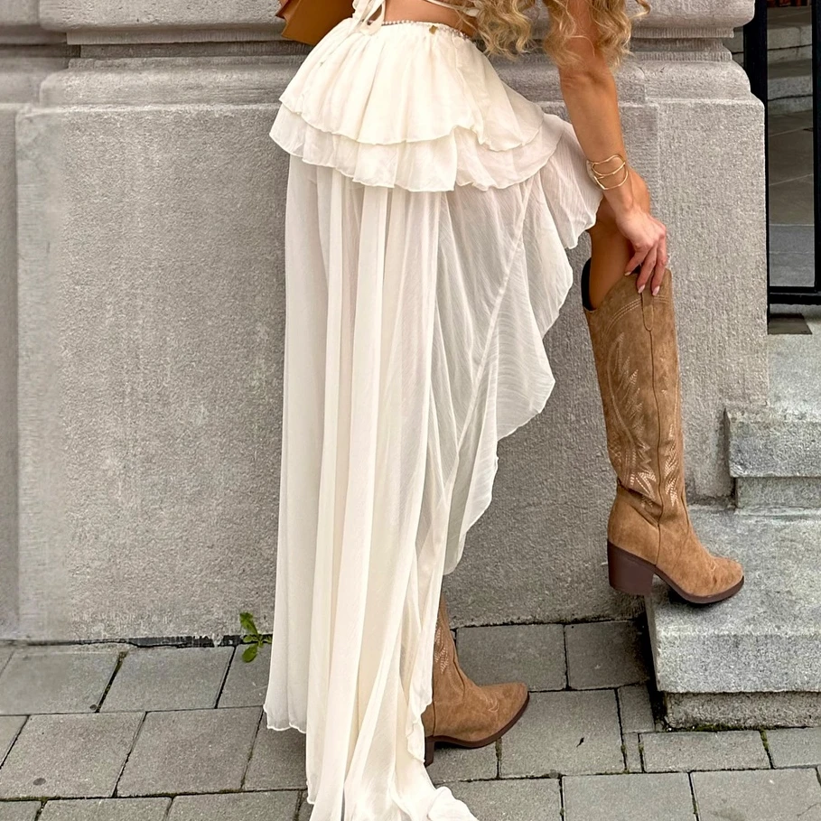 Asymmetrical Design Skirts Women's Ruffled Skirt A Line Casual Stylish Solid Color Elastic Mid Rise Skirt for Summer